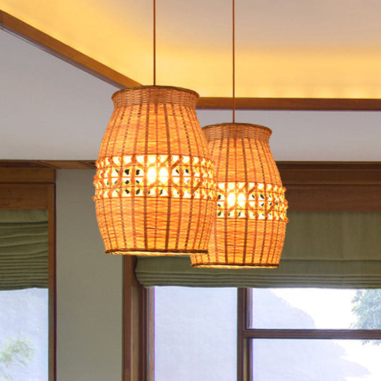 Asian Bamboo Jar Pendulum Light | Wood Woven Ceiling Hanging Lamp Fixture