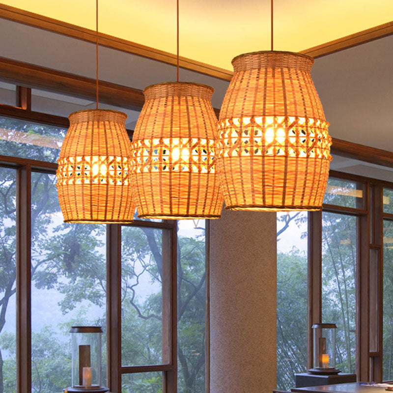 Asian Bamboo Jar Pendulum Light | Wood Woven Ceiling Hanging Lamp Fixture