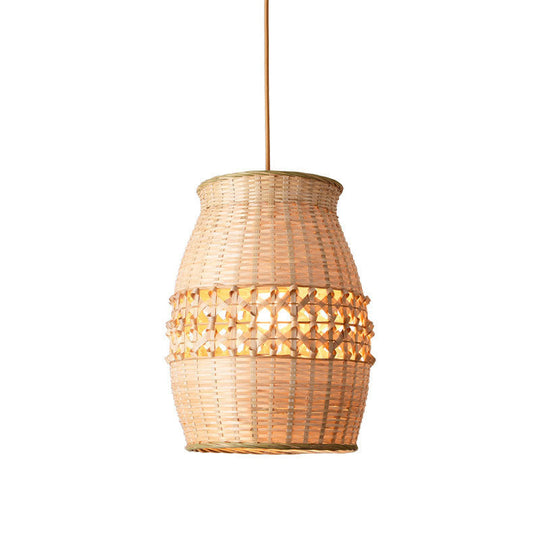 Asian Bamboo Jar Pendulum Light | Wood Woven Ceiling Hanging Lamp Fixture