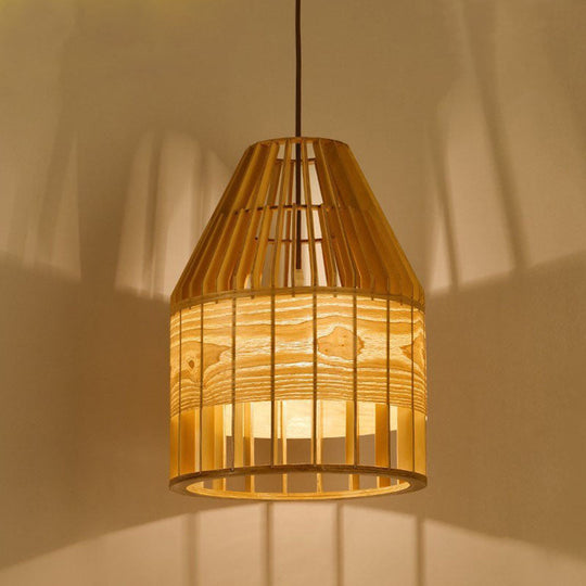 Asia Beige Wooden Pendant Light - Slatted Cage Design Single Bulb Suspended Fixture