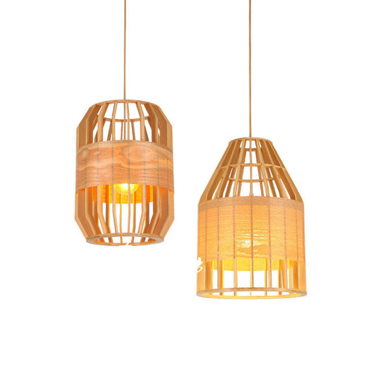 Asia Beige Wooden Pendant Light - Slatted Cage Design Single Bulb Suspended Fixture