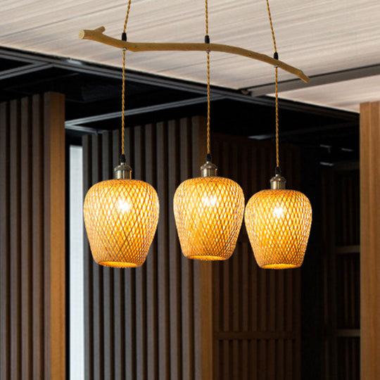 Chinese Single Pendant Bamboo Lantern Light With Wood Shade