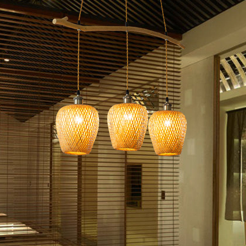 Chinese Single Pendant Bamboo Lantern Light With Wood Shade