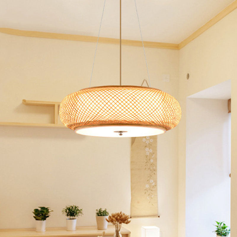 Asia Bamboo Round Hanging Light Fixture - Wood Ceiling Pendant With 1 Bulb For Living Room