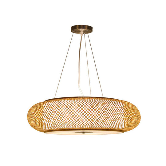 Asia Bamboo Round Hanging Light Fixture - Wood Ceiling Pendant With 1 Bulb For Living Room