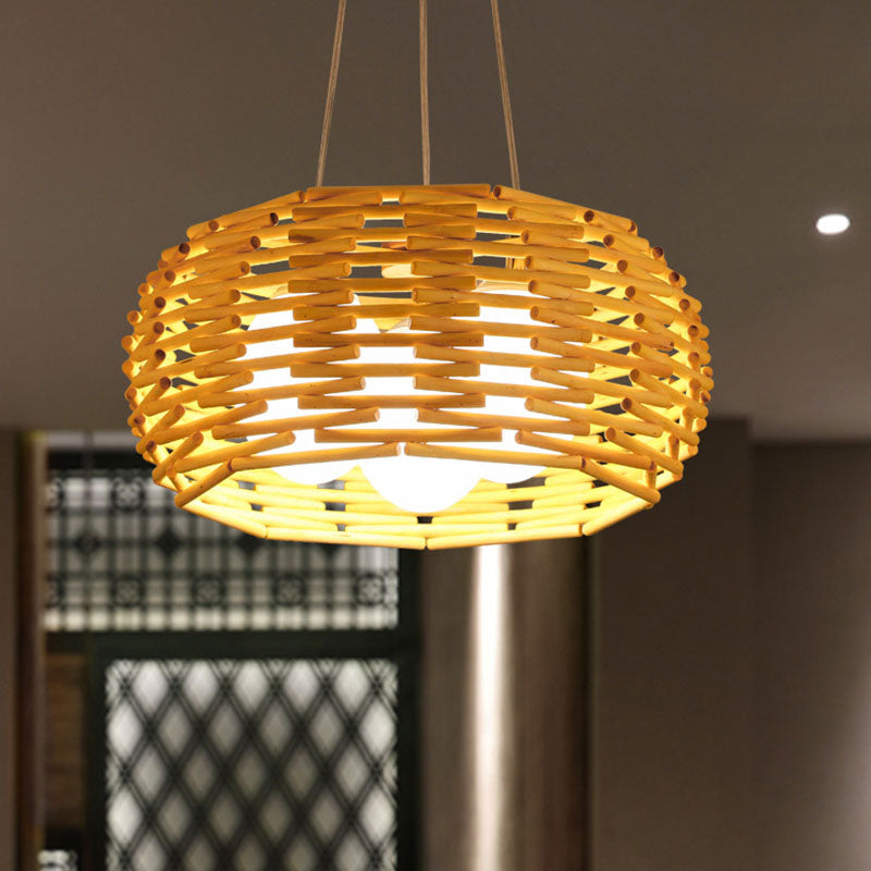 Bamboo Bird Nest Ceiling Chandelier With Opal Glass Shade - Asian Inspired Pendant Light