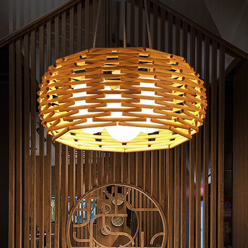 Bamboo Bird Nest Ceiling Chandelier With Opal Glass Shade - Asian Inspired Pendant Light