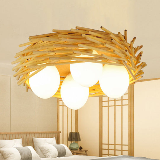 Bamboo Bird Nest Ceiling Chandelier With Opal Glass Shade - Asian Inspired Pendant Light Wood /