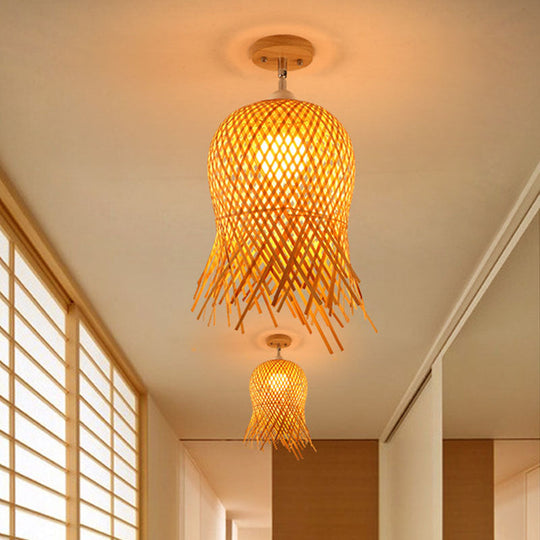 Sleek Asian Bamboo Geometric Semi Flush Mount Ceiling Light with Wood Finish