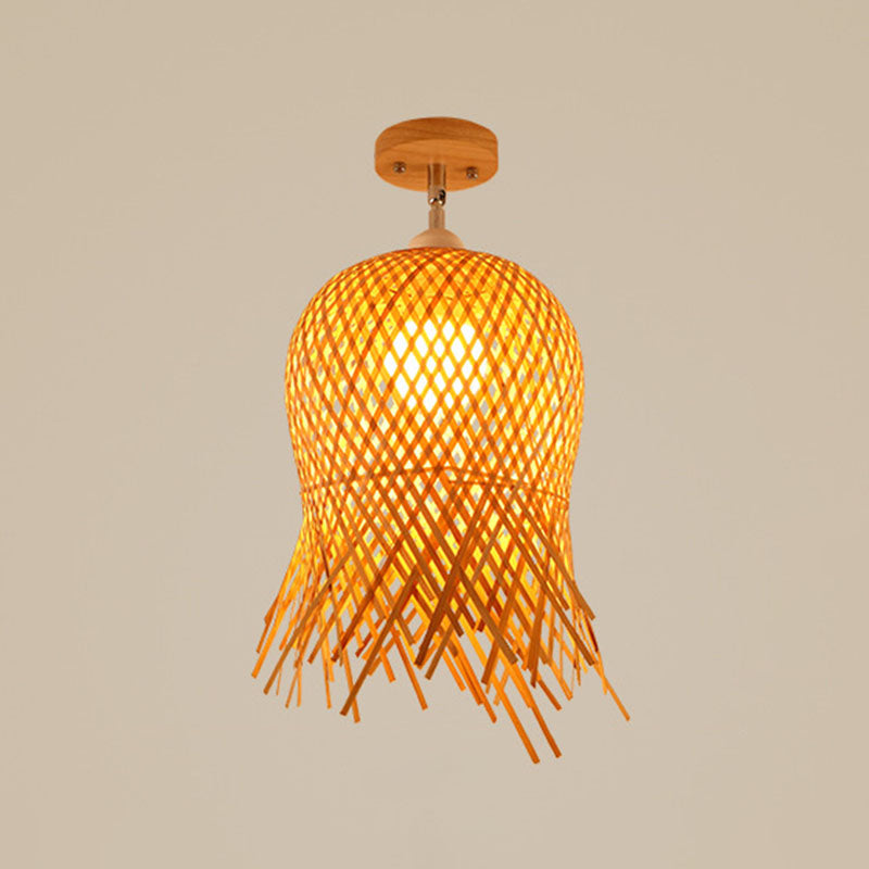 Sleek Asian Bamboo Geometric Semi Flush Mount Ceiling Light with Wood Finish