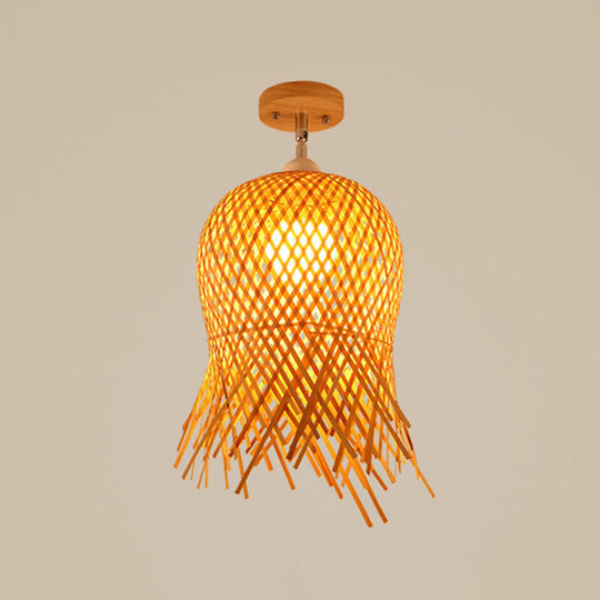 Sleek Asian Bamboo Geometric Semi Flush Mount Ceiling Light with Wood Finish