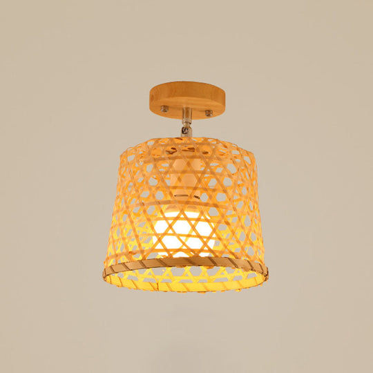 Sleek Asian Bamboo Geometric Semi Flush Mount Ceiling Light with Wood Finish