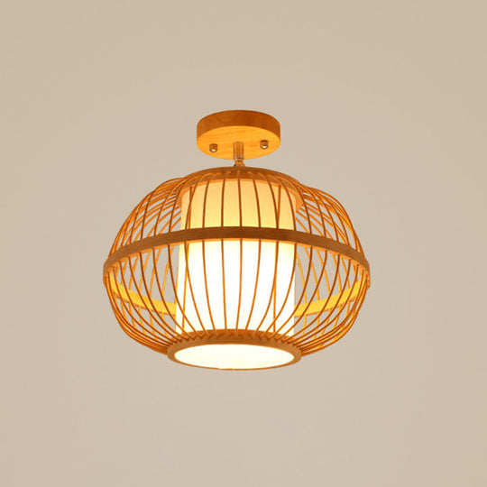 Sleek Asian Bamboo Geometric Semi Flush Mount Ceiling Light with Wood Finish