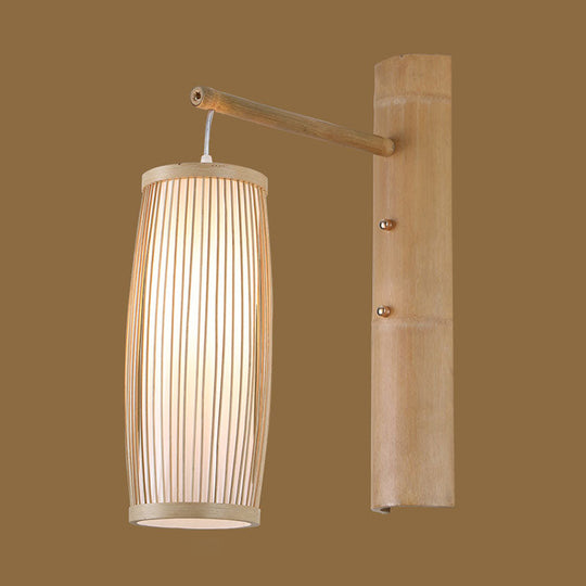 Handcrafted Bamboo Bedside Lantern Wall Sconce - Asian Wood Mount Light