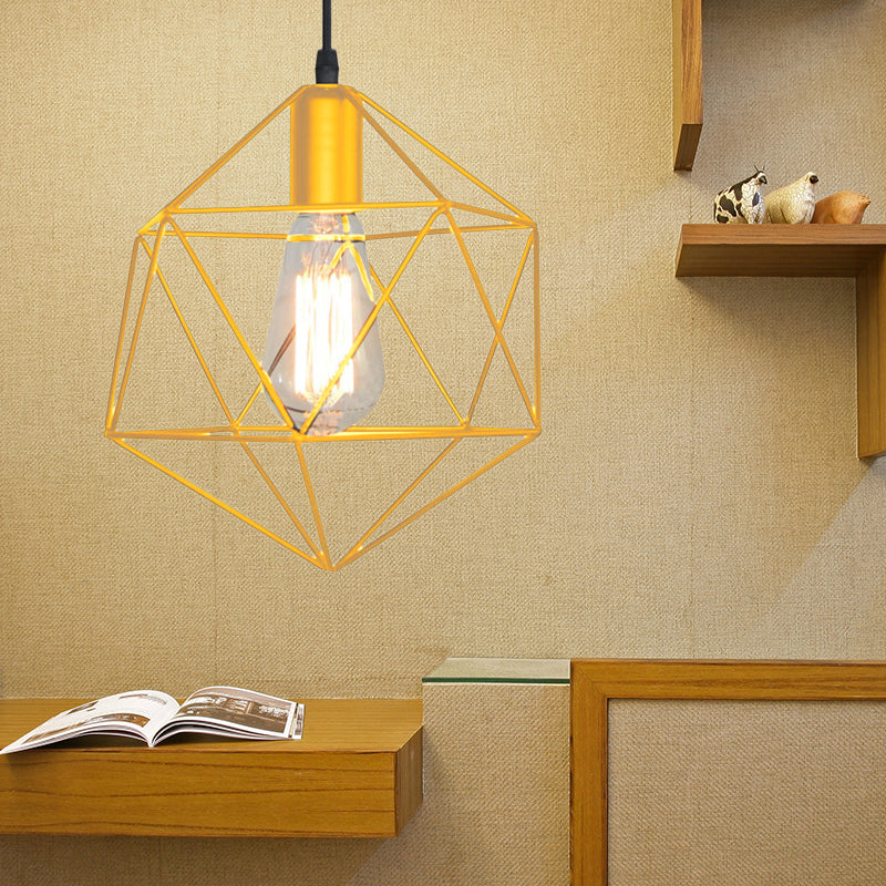 Industrial Black/Gold Geometric Cage Pendant Light - Metal Hanging Lamp for Kitchen Island