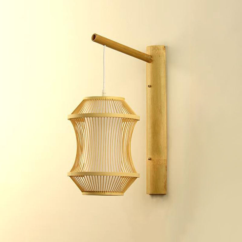 Asian Bamboo Wood Wall Lamp - Geometric Shape Light Fixture For Bedroom / D