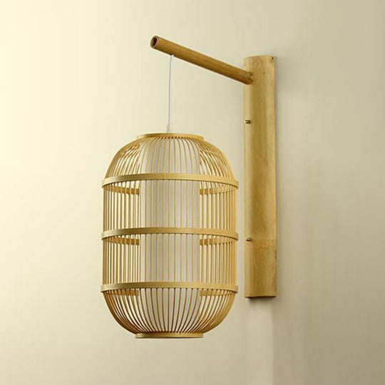 Asian Bamboo Wood Wall Lamp - Geometric Shape Light Fixture For Bedroom / E