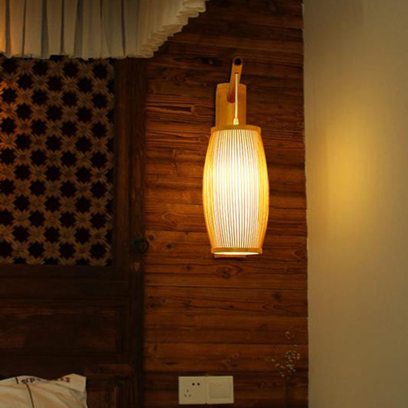 Asian Bamboo Wood Wall Lamp - Geometric Shape Light Fixture For Bedroom / G