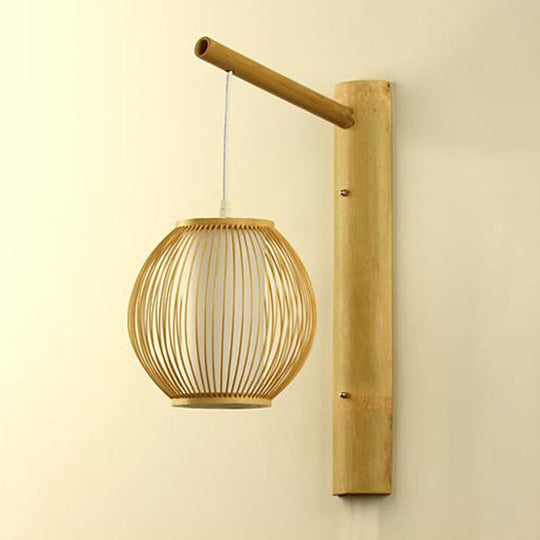 Asian Bamboo Wood Wall Lamp - Geometric Shape Light Fixture For Bedroom / H