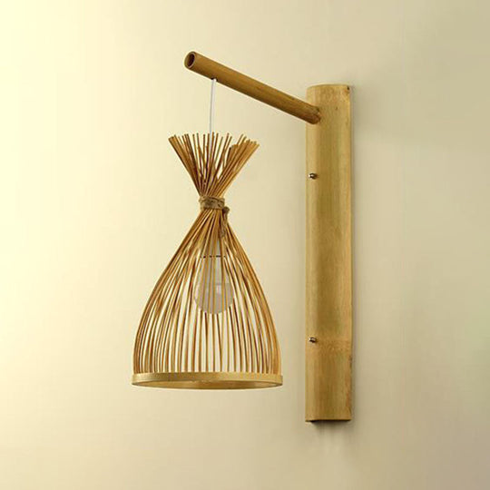 Asian Bamboo Wood Wall Lamp - Geometric Shape Light Fixture For Bedroom / J