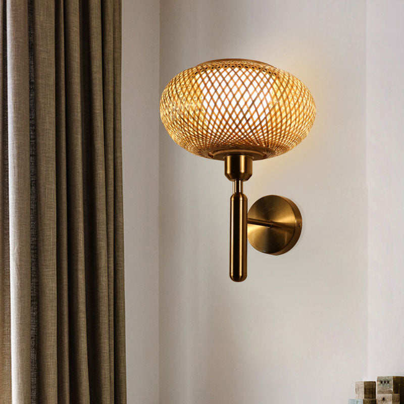 Bamboo Woven Wall Lantern - Chinese Style Wood Mounted Light Fixture With Criss-Cross Design