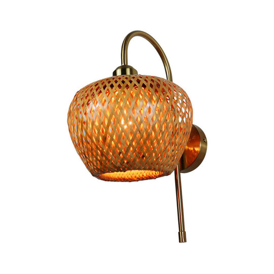 Bamboo Woven Wall Lantern - Chinese Style Wood Mounted Light Fixture With Criss-Cross Design