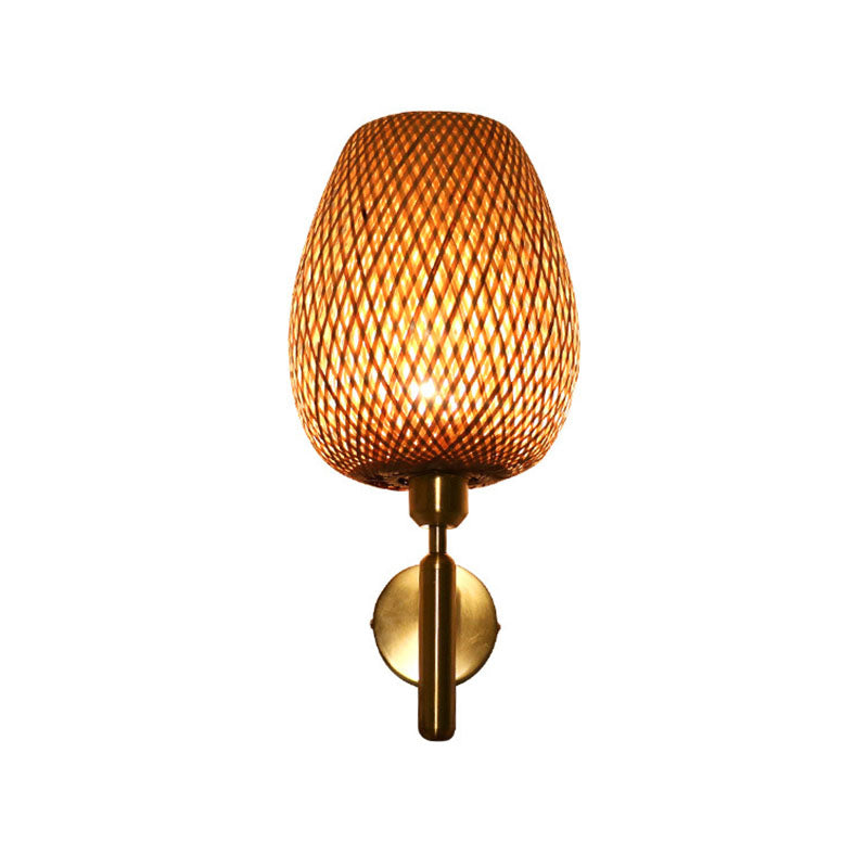 Bamboo Woven Wall Lantern - Chinese Style Wood Mounted Light Fixture With Criss-Cross Design