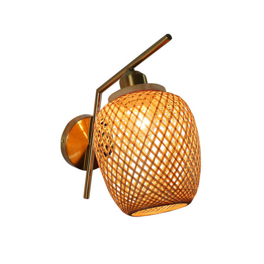 Bamboo Woven Wall Lantern - Chinese Style Wood Mounted Light Fixture With Criss-Cross Design