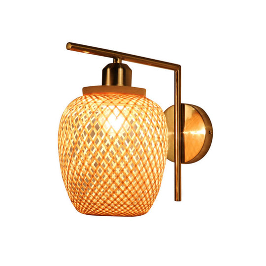 Bamboo Woven Wall Lantern - Chinese Style Wood Mounted Light Fixture With Criss-Cross Design