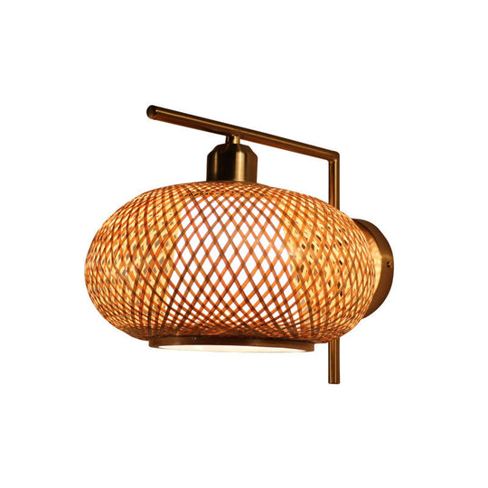 Bamboo Woven Wall Lantern - Chinese Style Wood Mounted Light Fixture With Criss-Cross Design