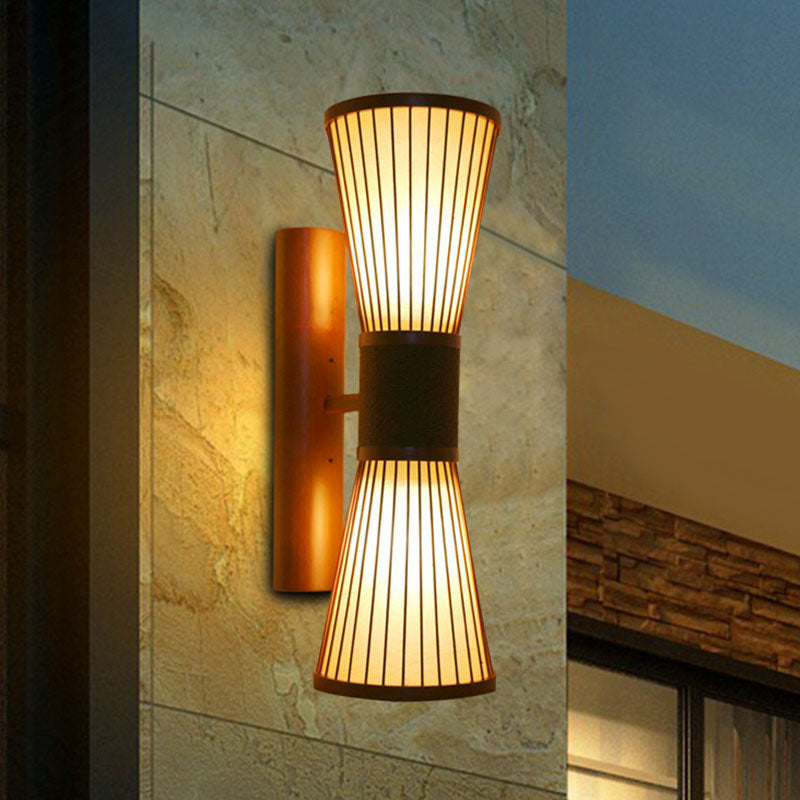 Asian Wood Wall Sconce - Corridor Light With Bamboo Hourglass Shade