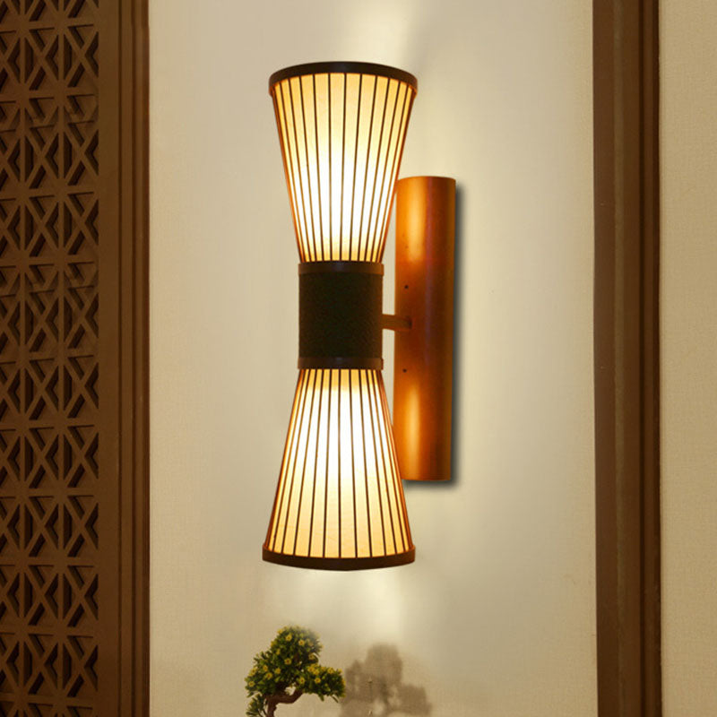 Asian Wood Wall Sconce - Corridor Light With Bamboo Hourglass Shade