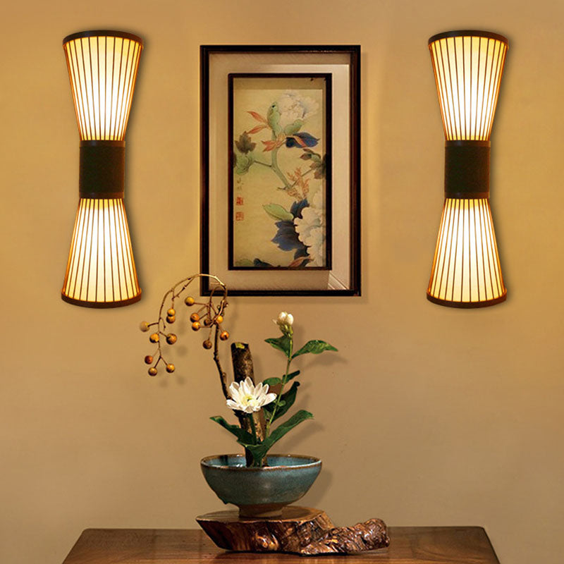 Asian Wood Wall Sconce - Corridor Light With Bamboo Hourglass Shade