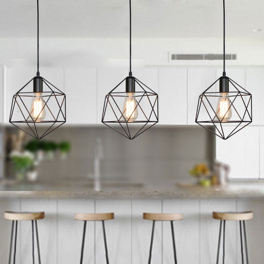 1-Light Geometric Cage Pendant Light Industrial Black/Gold Metal Hanging Lamp for Kitchen Island