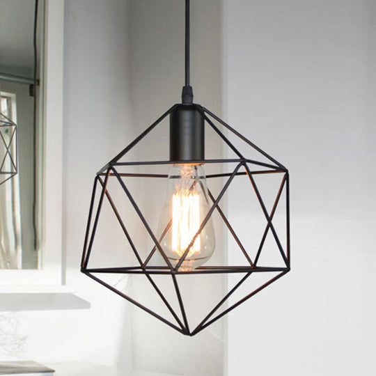 Industrial Black/Gold Geometric Cage Pendant Light - Metal Hanging Lamp for Kitchen Island