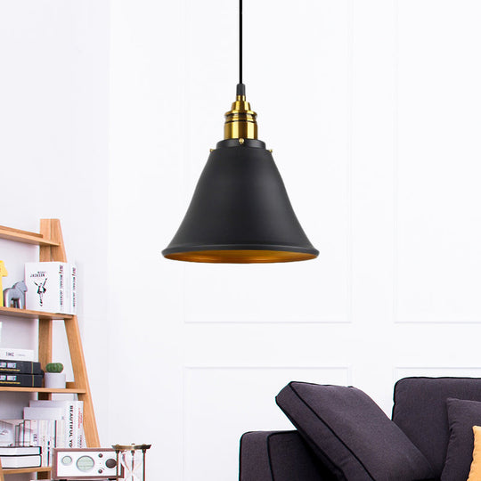 Industrial Hanging Pendant Lamp - 1-Light Wrought Iron Black/White/Gold Bell Shade For Living Room