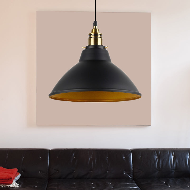 Dome Metal Pendant Light - Industrial Single Bulb Hanging Fixture in Black/White/Gold for Living Room