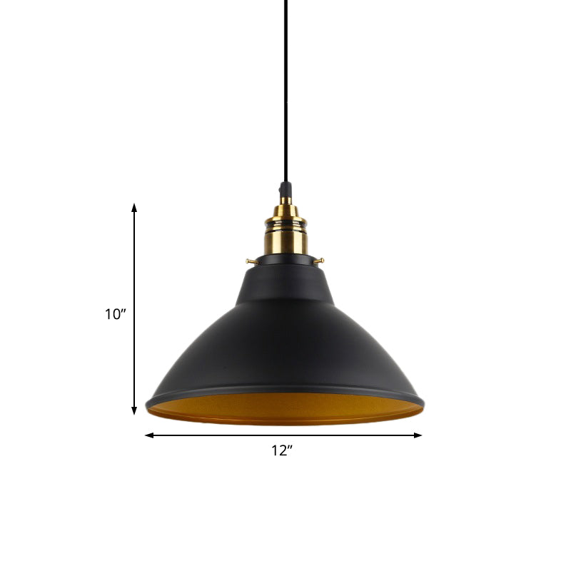 Dome Metal Pendant Light - Industrial Single Bulb Hanging Fixture in Black/White/Gold for Living Room