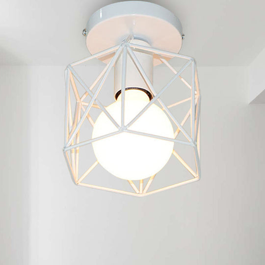 Vintage Style Iron Ceiling Fixture with Hexagon Cage Shade and 1 Bulb, Perfect for Balcony Ceiling in Black/White