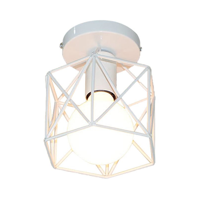 Vintage Style Iron Ceiling Fixture with Hexagon Cage Shade and 1 Bulb, Perfect for Balcony Ceiling in Black/White