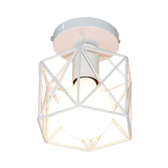 Vintage Style Iron Ceiling Fixture With Hexagon Cage Shade And 1 Bulb Perfect For Balcony In