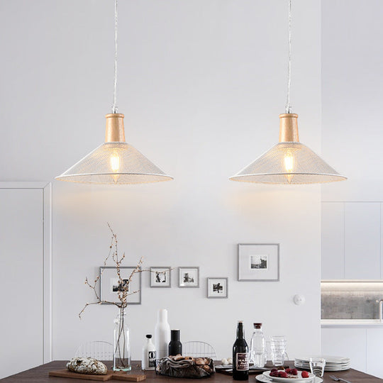 Modern White Cone Pendant Lamp With Wooden Cap For Dining Room