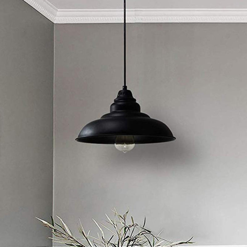 Barn Shade Industrial Metal Pendant Light Fixture - Single Bulb Hanging Lamp in Black for Living Room