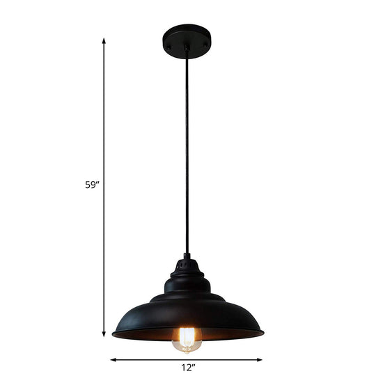 Barn Shade Industrial Metal Pendant Light Fixture - Single Bulb Hanging Lamp in Black for Living Room