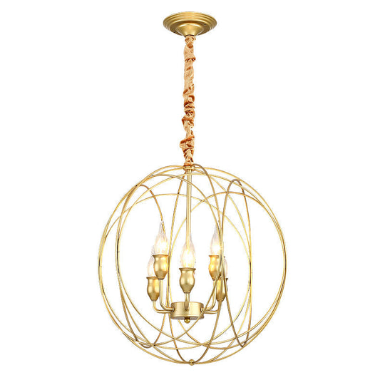 Gold Metal Candle Chandelier - Industrial 5 Bulb Globe Cage Pendant For Dining Room