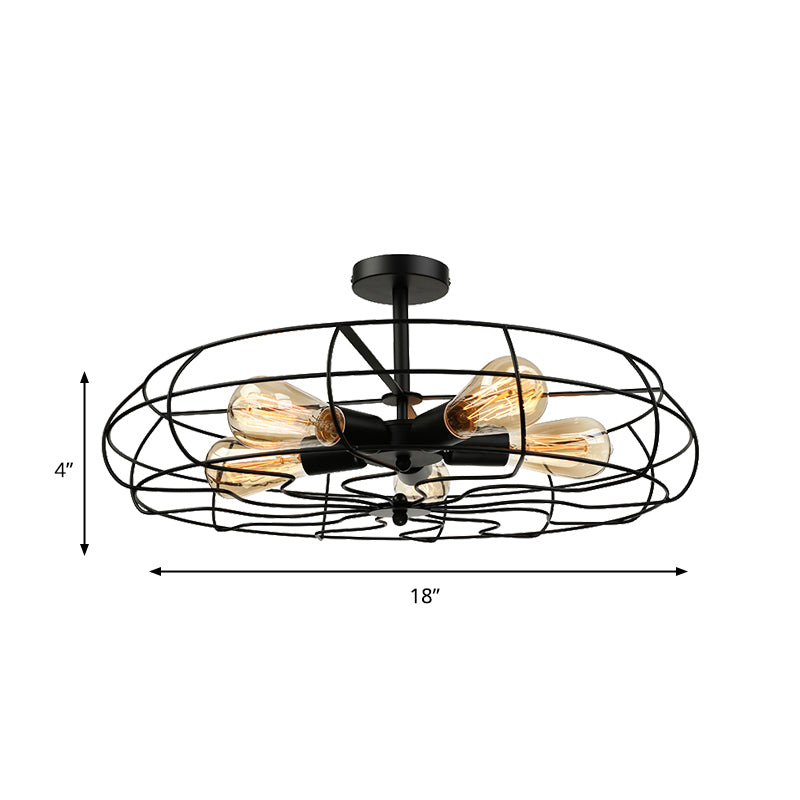 Vintage Fan Shaped 5-Light Iron Ceiling Light With Wire Cage Shade - Semi Flush Mount In Rust/Black