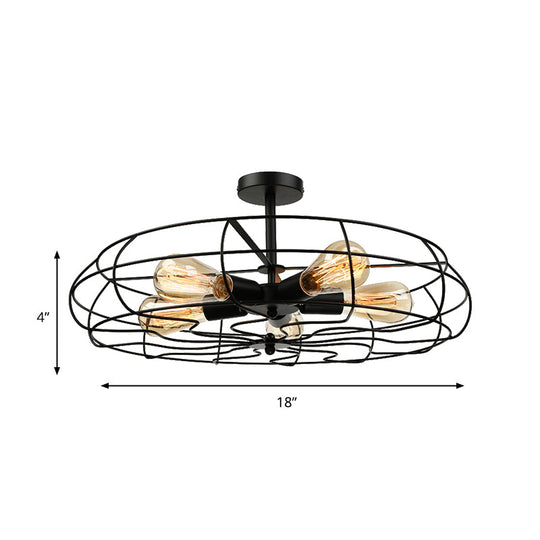 Vintage Fan Shaped 5-Light Iron Ceiling Light With Wire Cage Shade - Semi Flush Mount In Rust/Black