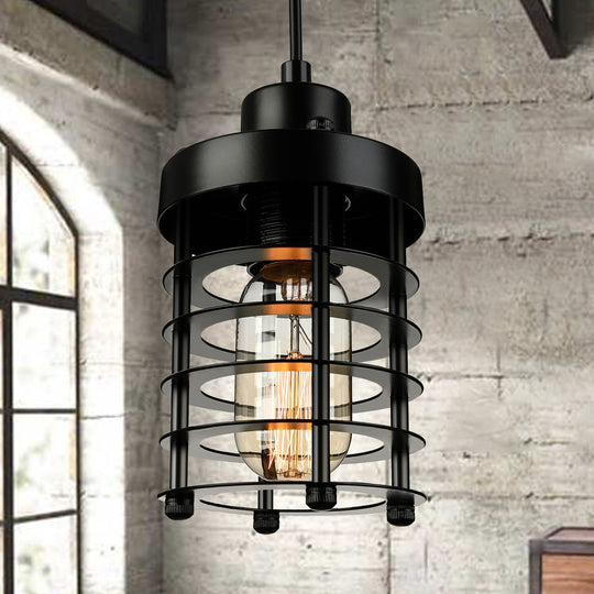 Industrial Pendant Light with Metallic Cage Shade - Matte Black/Rust, Ideal for Table Lighting