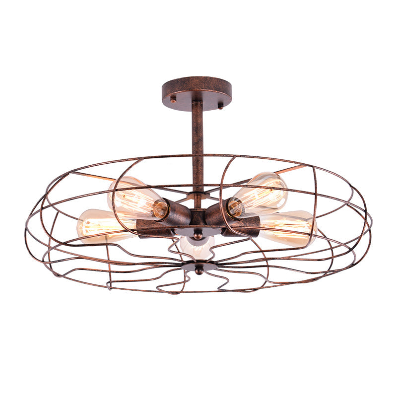 Vintage Fan Shaped 5-Light Iron Ceiling Light With Wire Cage Shade - Semi Flush Mount In Rust/Black