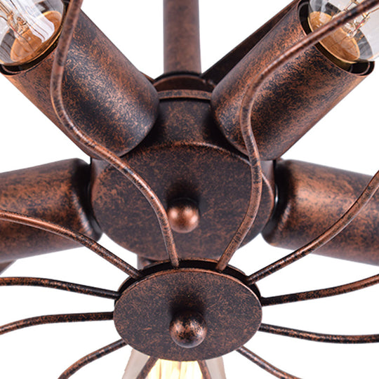 Vintage Fan Shaped 5-Light Iron Ceiling Light With Wire Cage Shade - Semi Flush Mount In Rust/Black